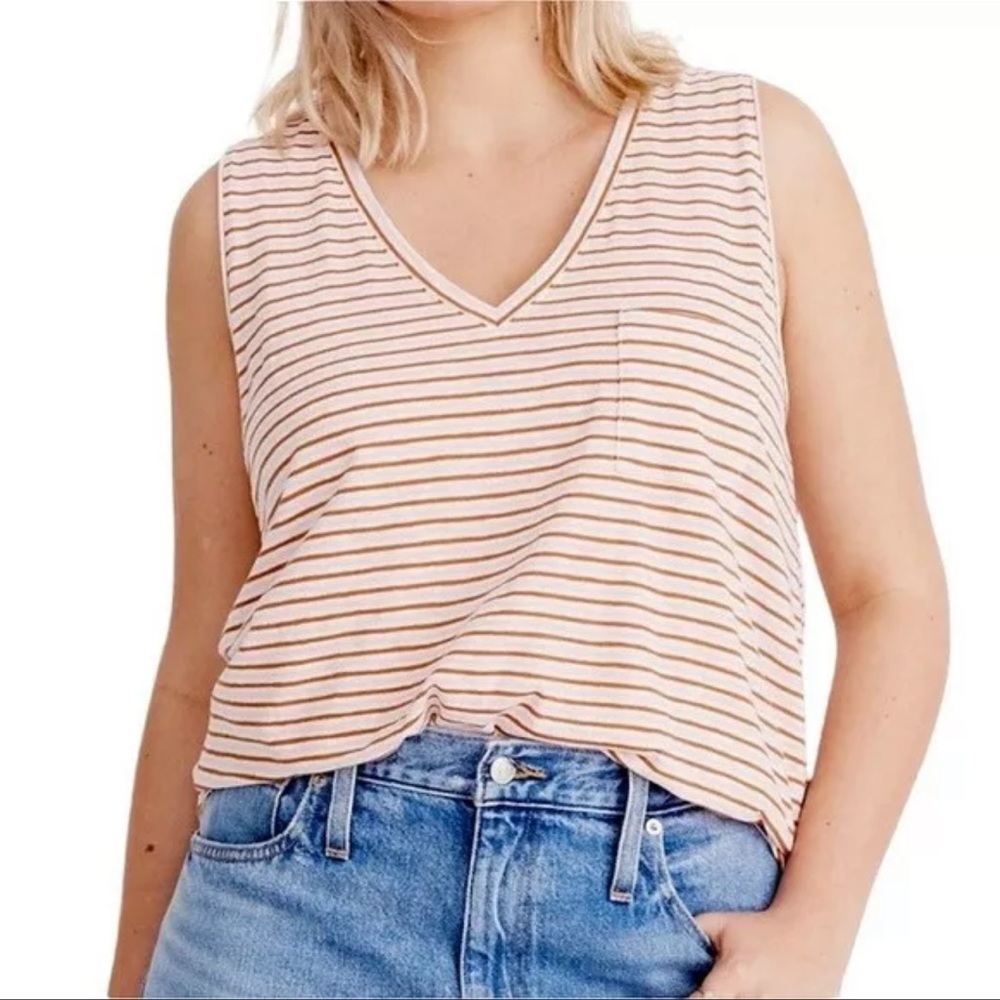 NWT Madewell Pink/Rust Striped Whisper Cotton V-Neck Pocket Tank Top Siz…